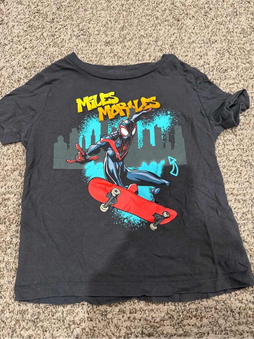 Old Navy Gray Miles Morales Graphic Tee with Red Skateboard